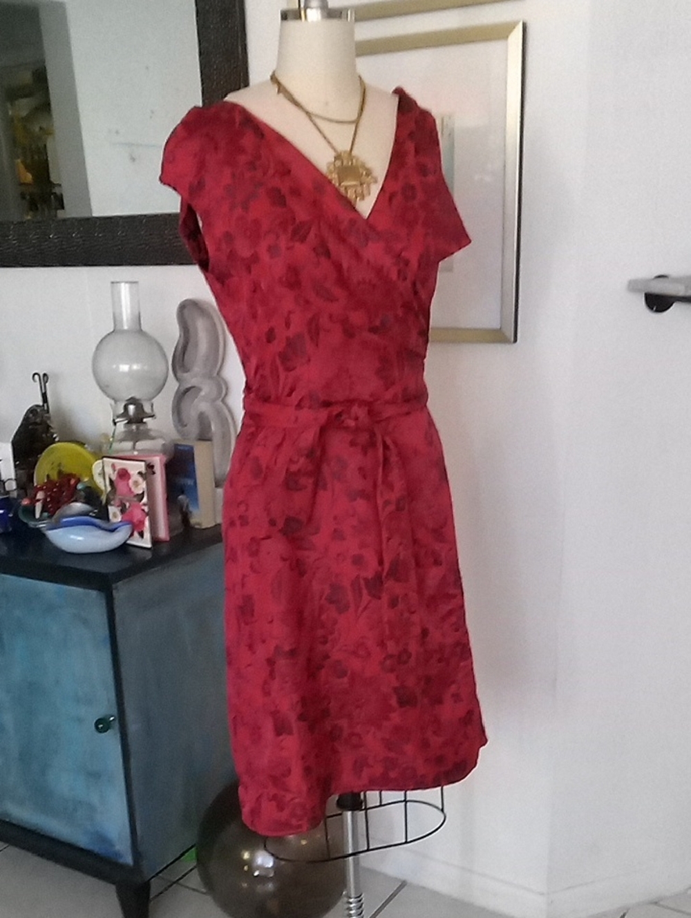 Vintage Red Floral Wrap Midi Dress - Women's Elegant V-Neck